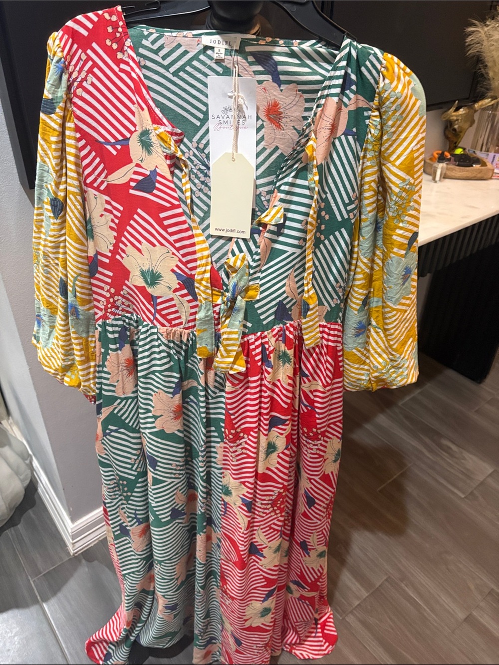 JODIFL Red, Green & Yellow Floral Stripe Maxi Dress